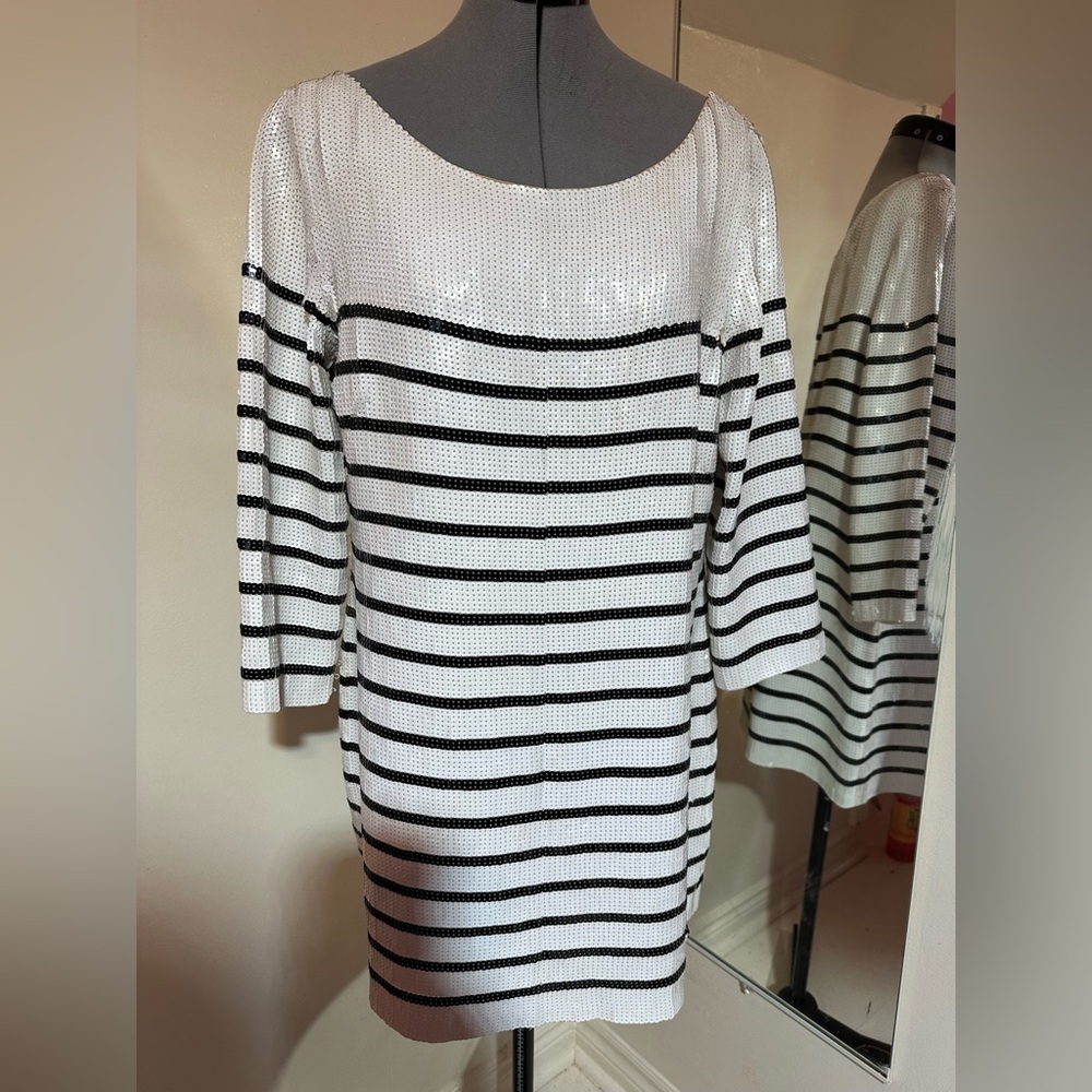 Vintage BCBGMaxAzria White and Black Striped Asymmetrical  Party Dress Y2K